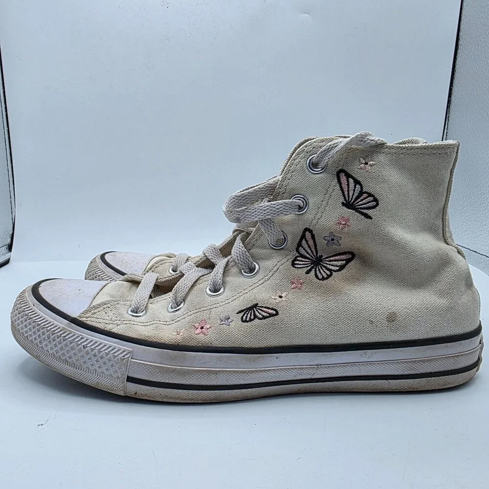 Converse CTAS HI Girls Size 5.5 Egret Black White Shoes Butterfly School Casual